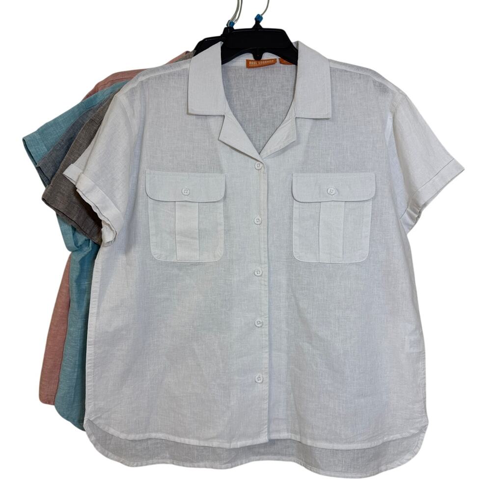 Reel Legends Large Brilliant White Button Up Linen Cotton Shirt W Breast Pockets